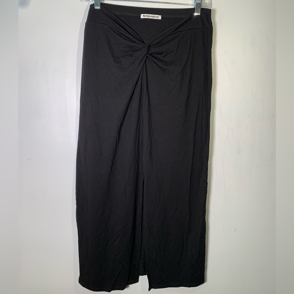 Reformation Black Midi Skirt knot detail front slit front Size L boho comfy